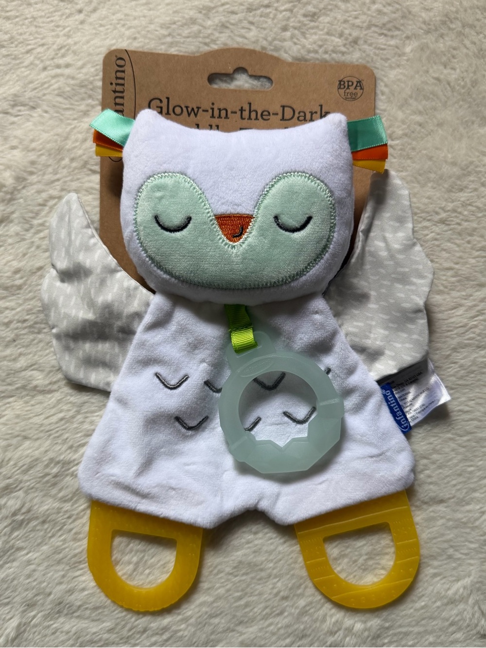 Infantino Glow-in-the-Dark Owl Teether Comforter - White, Mint & Yellow
